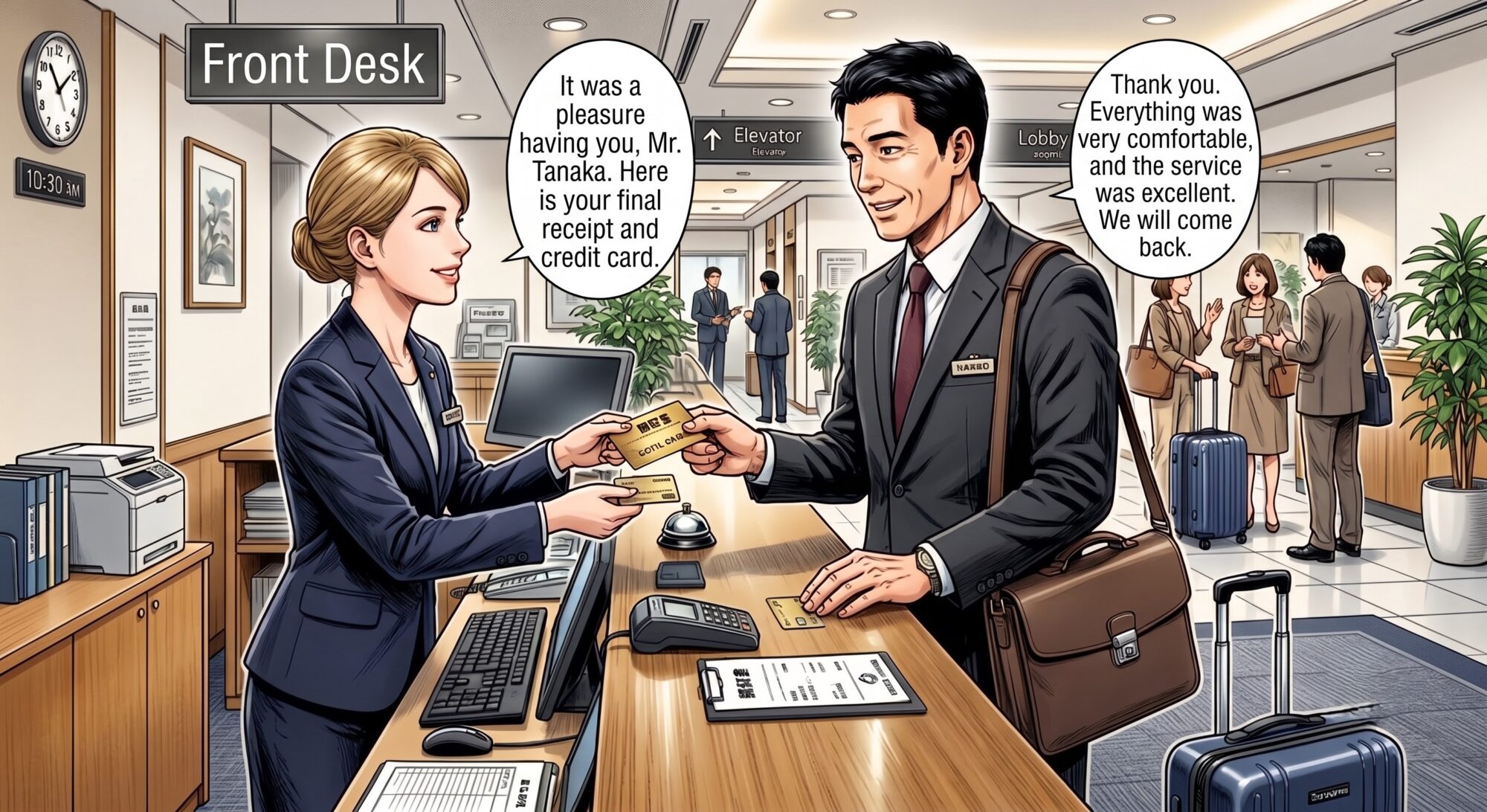 本日の英語学び。ホテルのチェックアウト。Today’s English Practice: Checking out and getting a receipt.